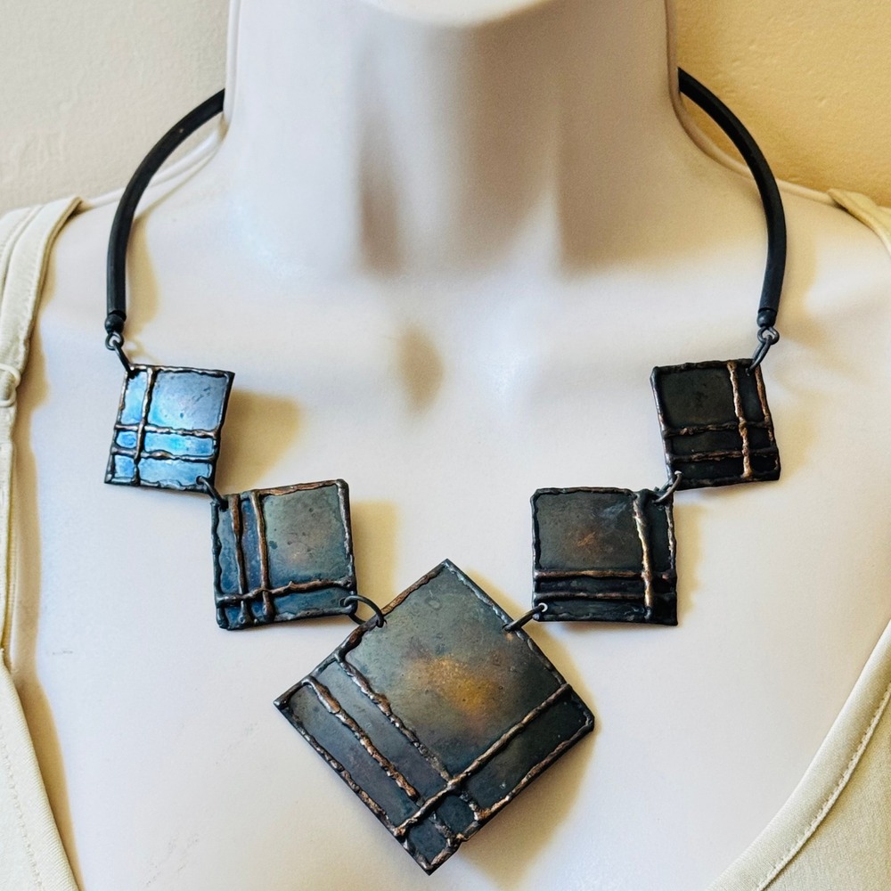 70s Brass Metal Brutalist Necklace VTG Statement Sculptural Modernist MCM Chunky